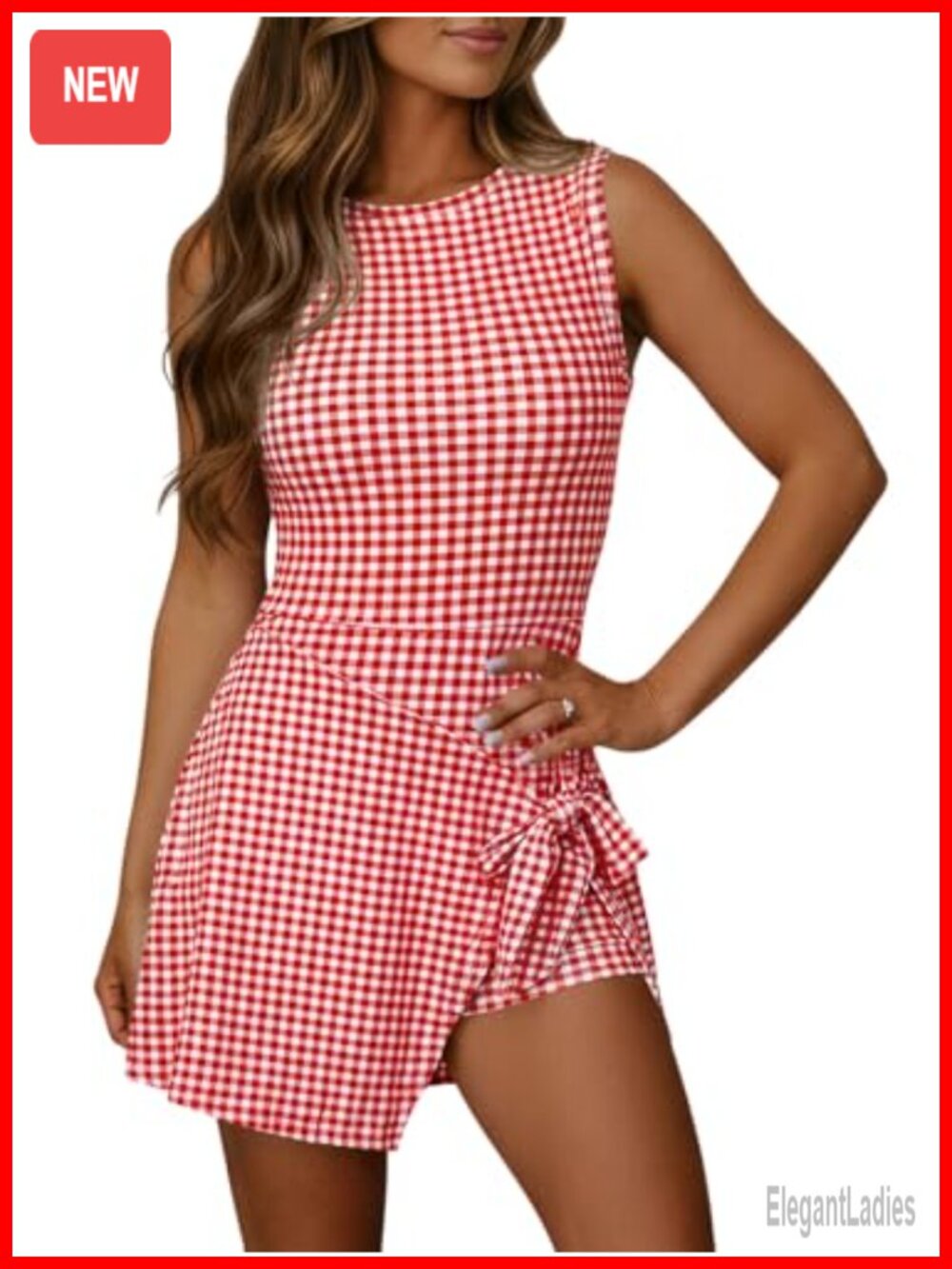 Wenrine Sleeveless Mini Romper Skort Tank Dress Wrap Front Backless